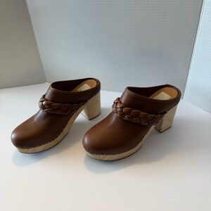Dolce Vita Brown Leather Braided Clog Heel Wooden Platform Mules Womens Size 10